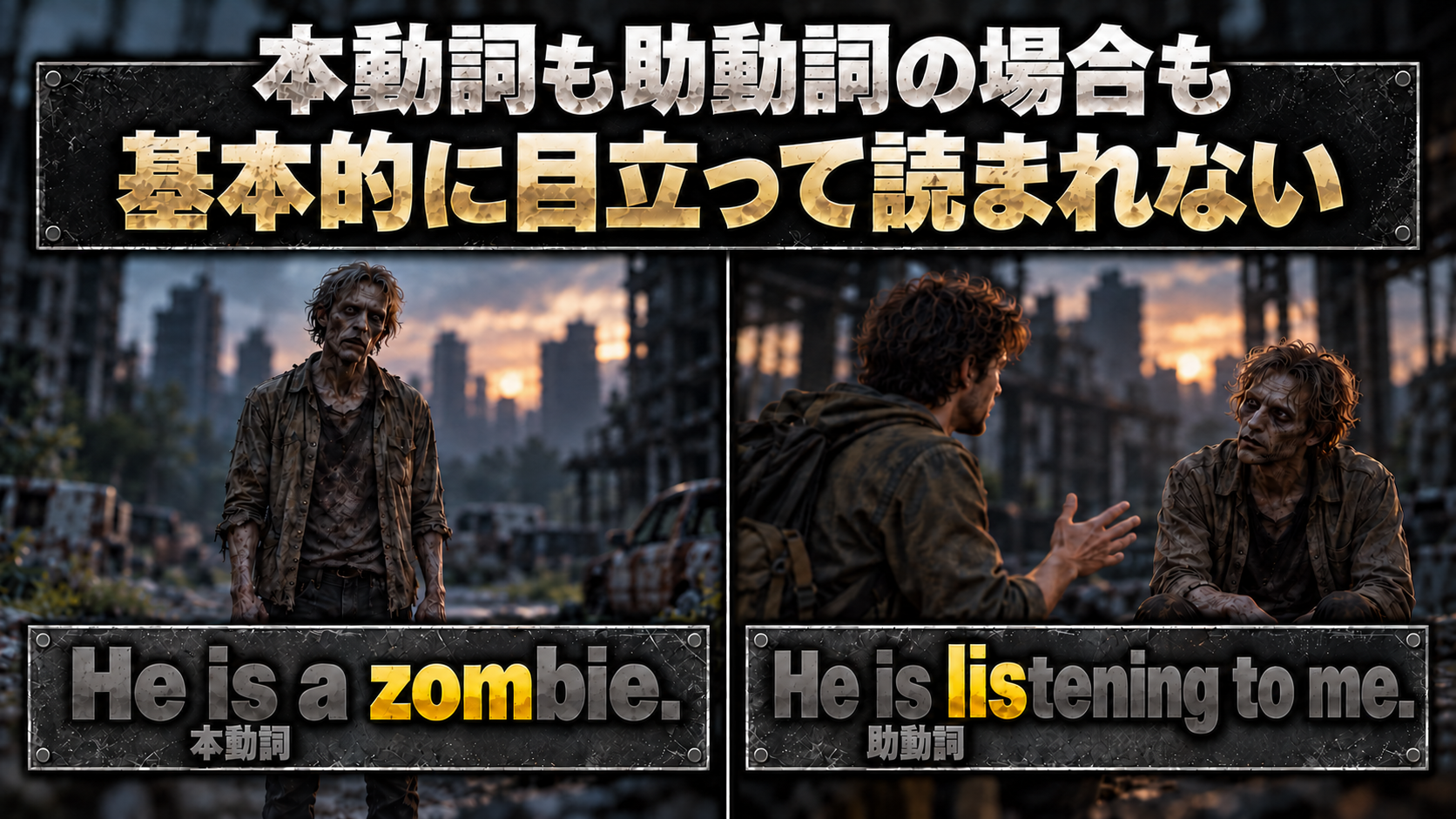 本動詞も助動詞の場合も / 基本的に目立って読まれない / He is a zombie. / 本動詞（isの下） / He is listening to me. / 助動詞（isの下）