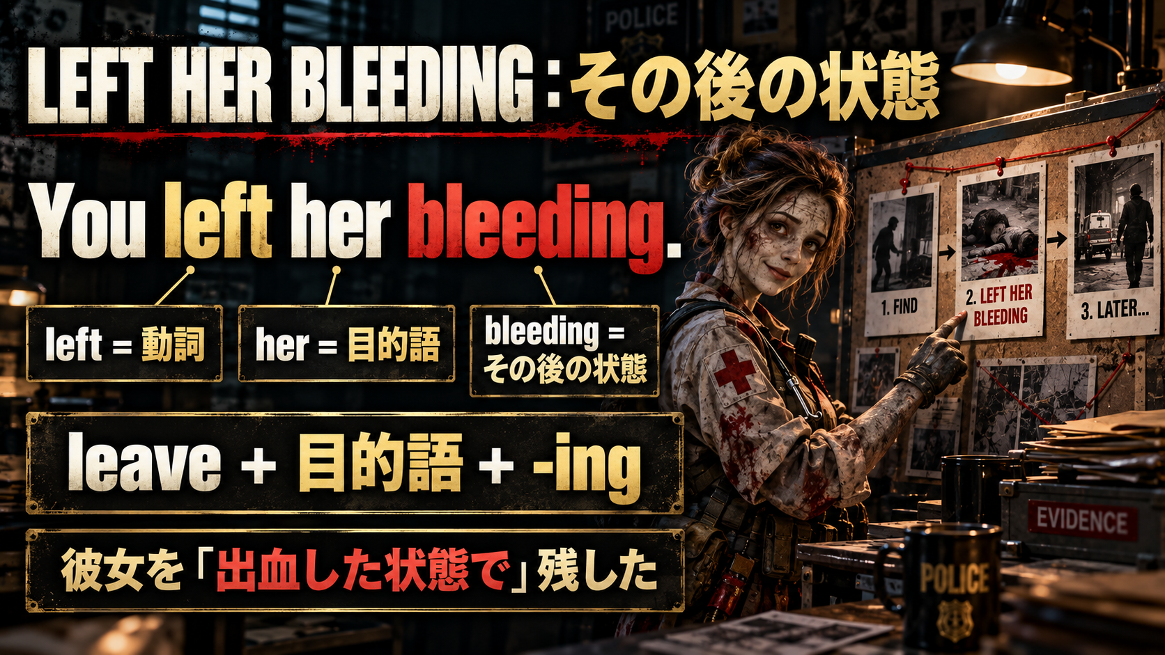 You left her bleeding. / left = 動詞 / her = 目的語 / bleeding = その後の状態 / leave + 目的語 + -ing / 彼女を「出血した状態で」残した