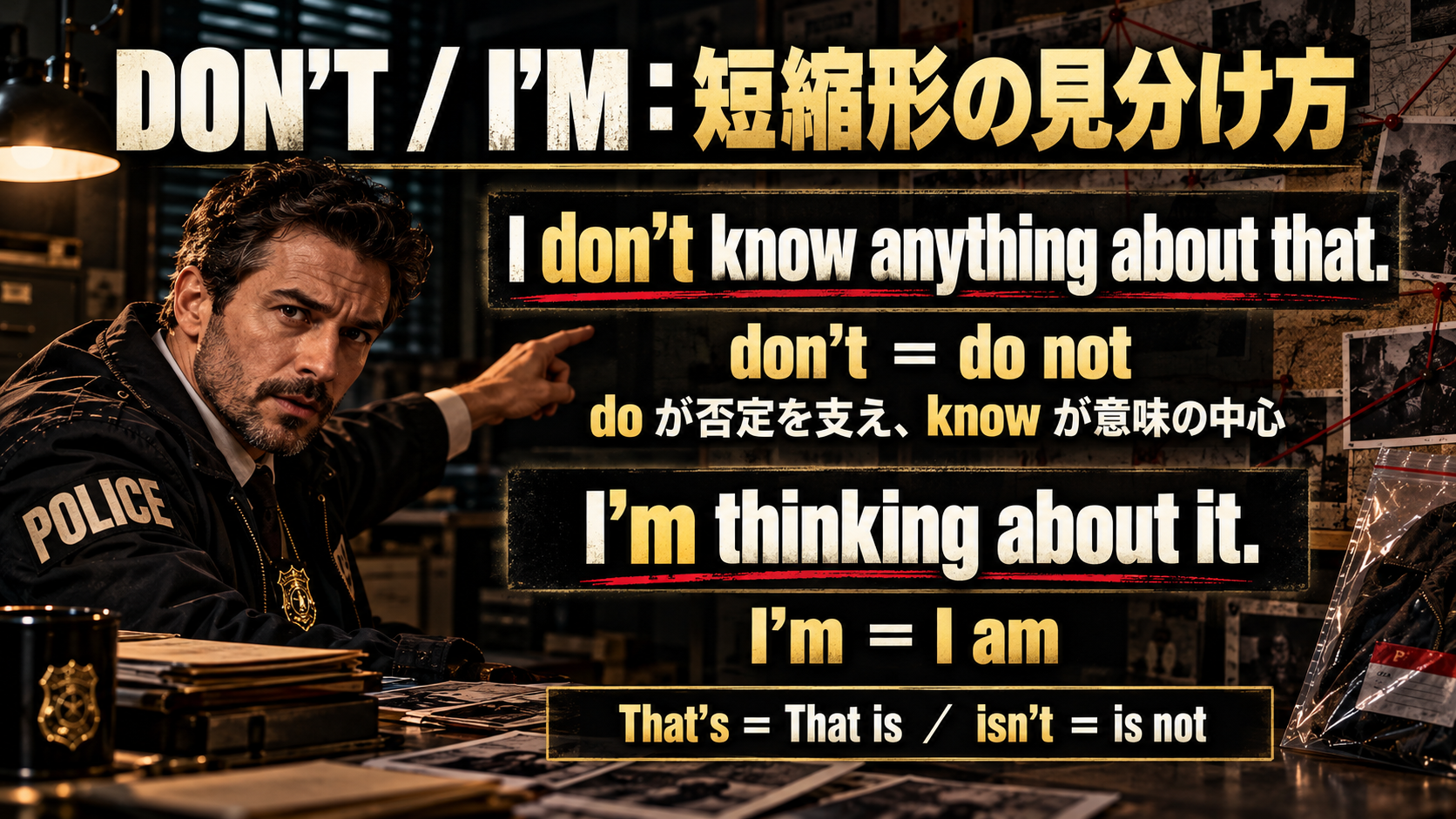 I don’t know anything about that. / don’t = do not / do が否定を支え、know が意味の中心 / I’m thinking about it. / I’m = I am / That’s = That is / isn’t = is not