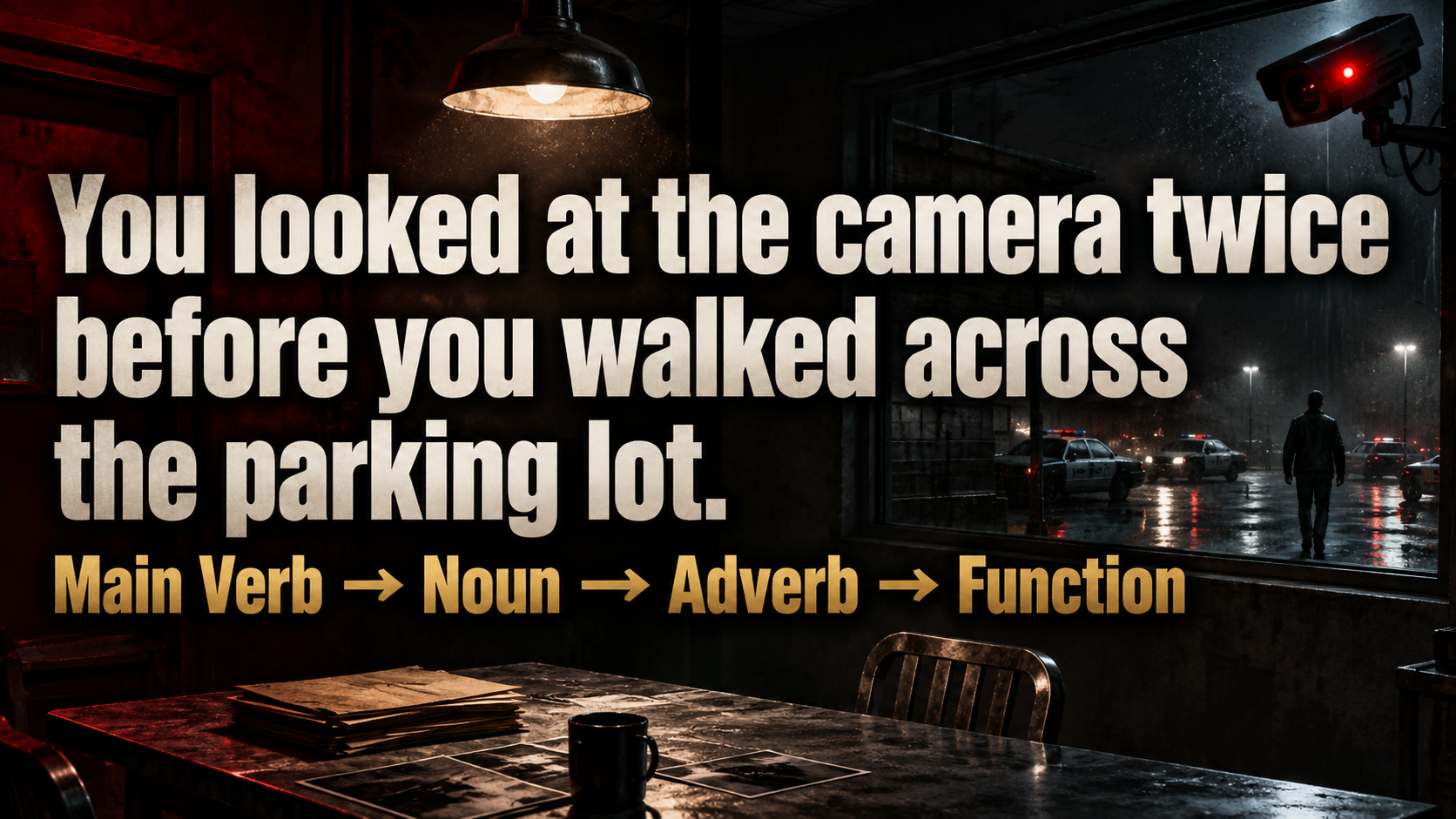 You looked at the camera twice / before you walked across / the parking lot. / Main Verb → Noun → Adverb → Function