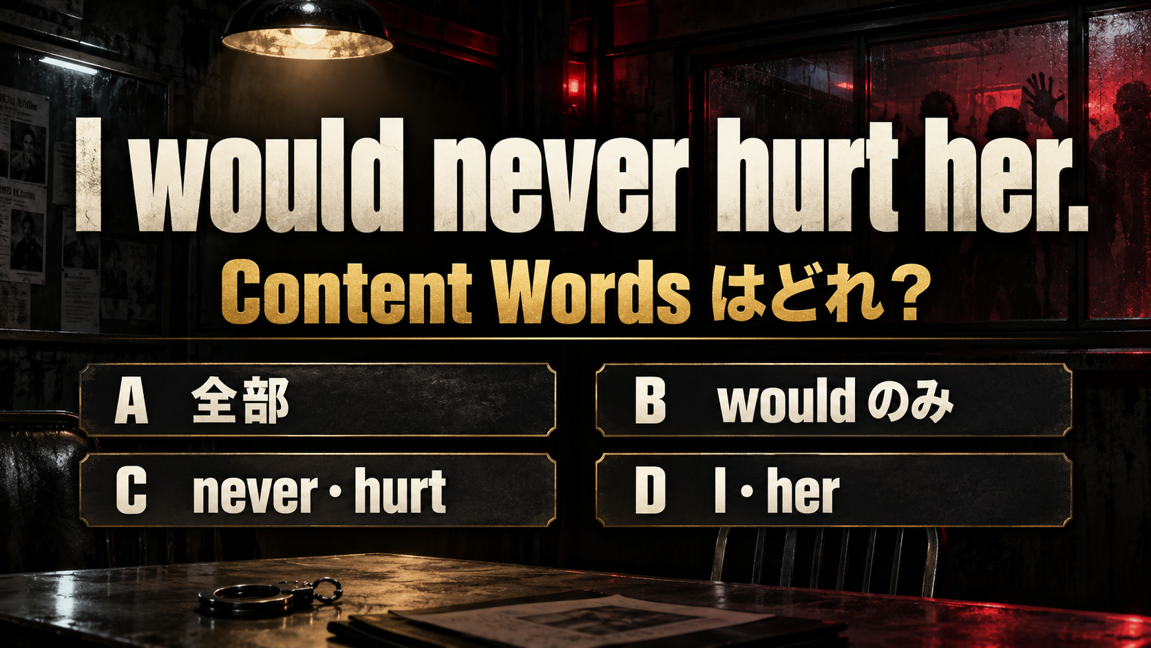 I would never hurt her. / Content Words はどれ？ / A  全部 / B  would のみ / C  never・hurt / D  I・her