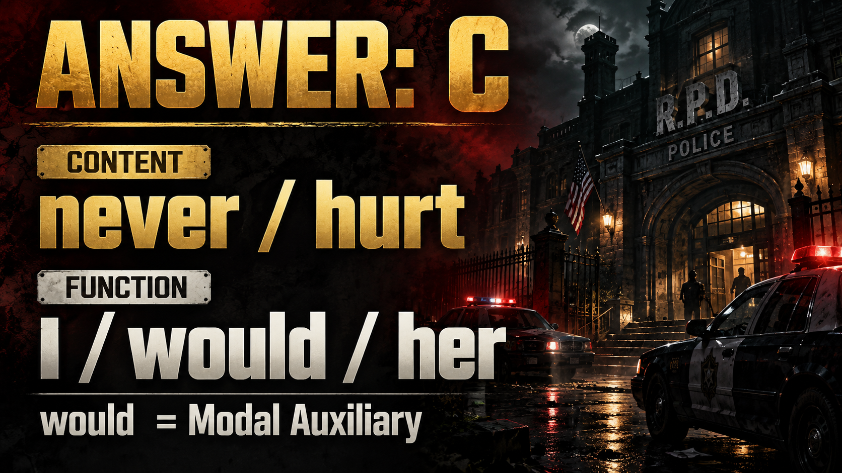 ANSWER: C / CONTENT / never / hurt / FUNCTION / I / would / her / would = Modal Auxiliary