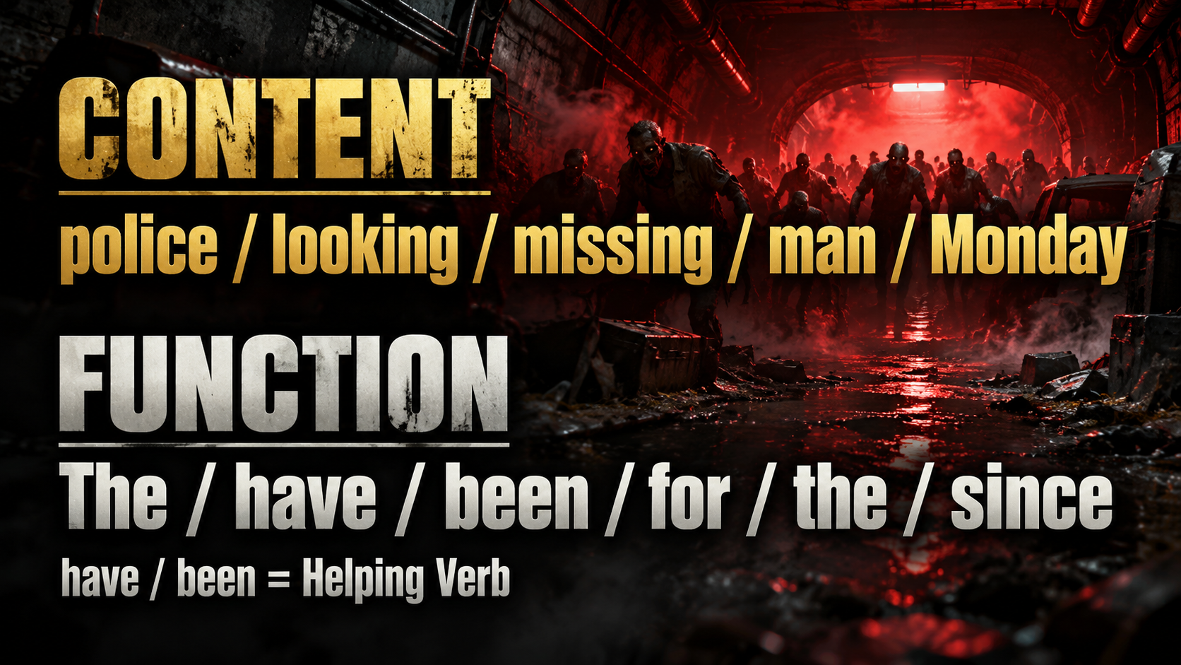 CONTENT / police / looking / missing / man / Monday / FUNCTION / The / have / been / for / the / since / have / been = Helping Verb