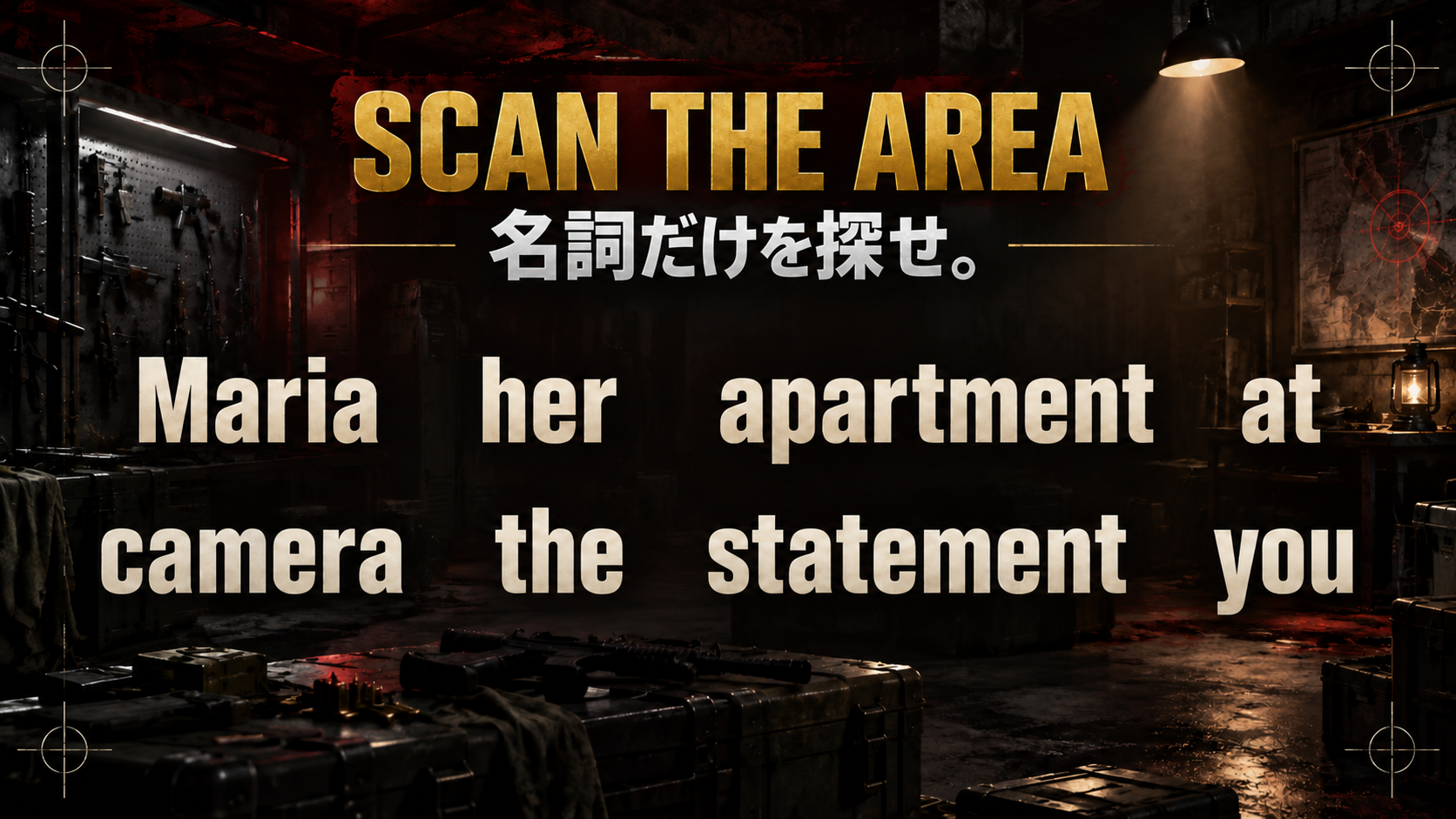 SCAN THE AREA / 名詞だけを探せ。 / Maria    her    apartment    at / camera    the    statement    you