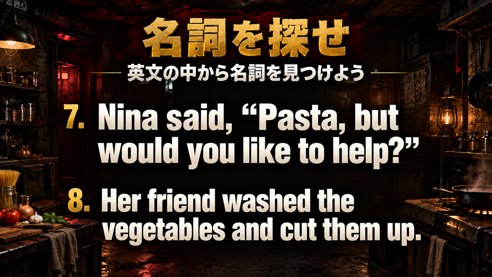 Nina said, “Pasta, but would you like to help?” / Her friend washed the vegetables and cut them up.