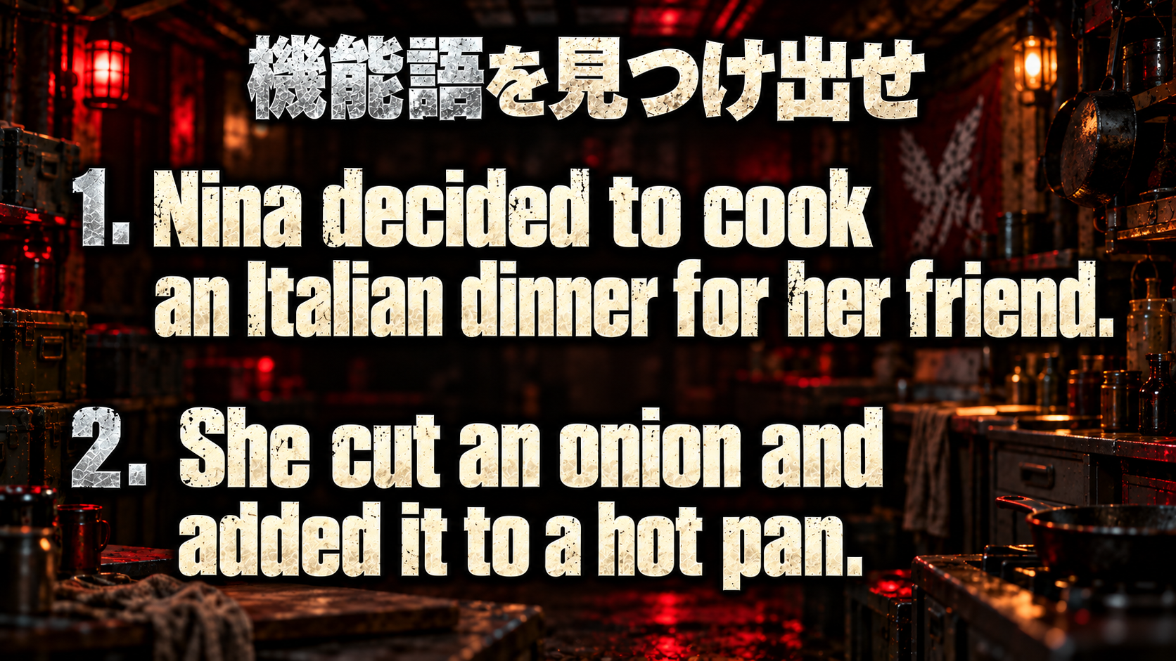 Nina decided to cook an Italian dinner for her friend. / She cut an onion and added it to a hot pan.
