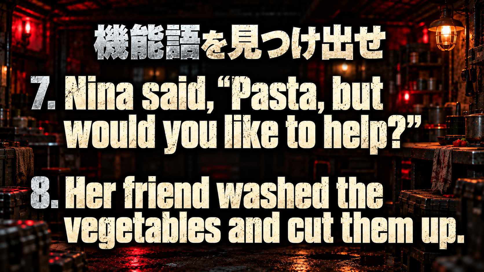 Nina said, “Pasta, but would you like to help?” / Her friend washed the vegetables and cut them up.