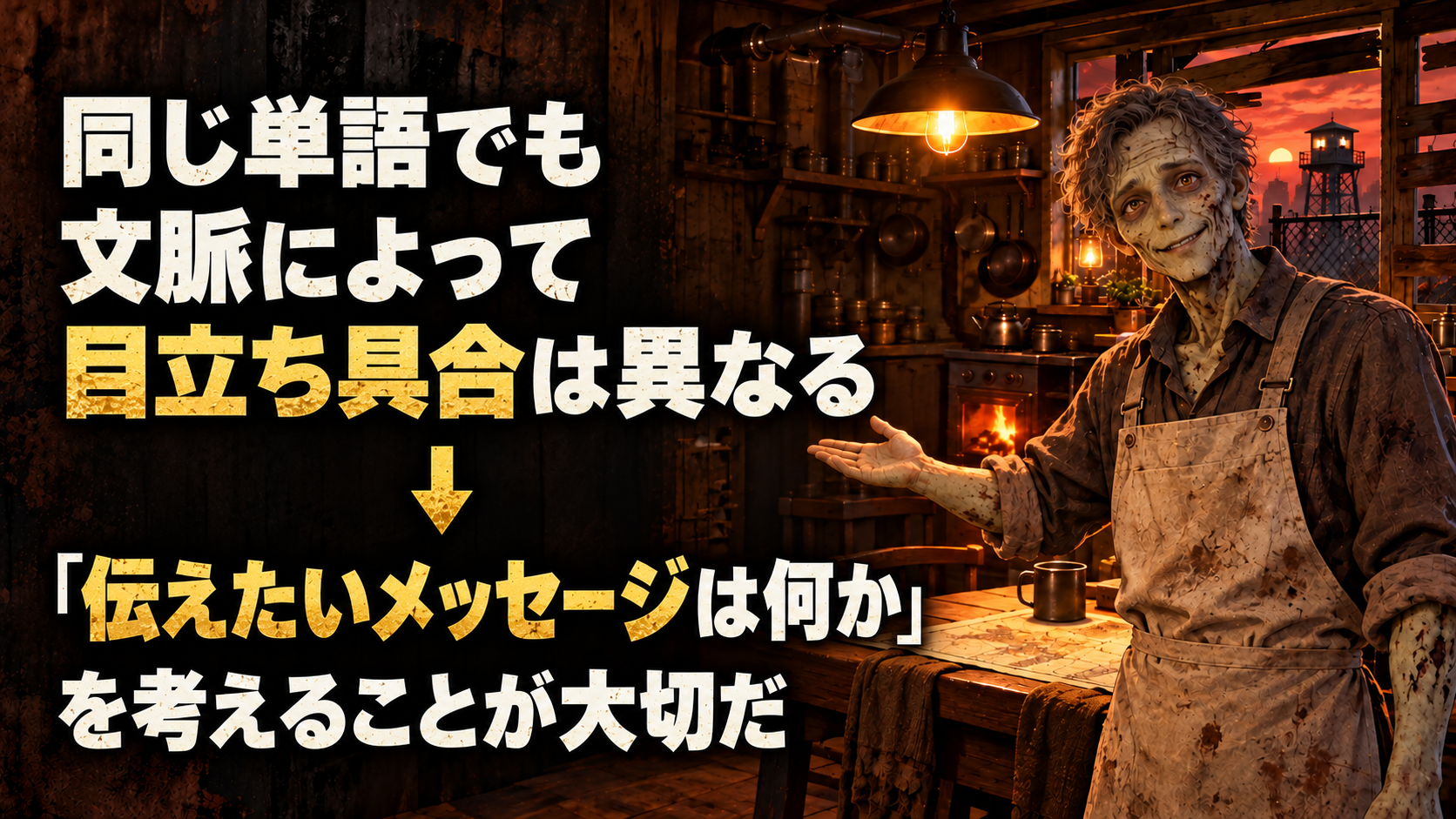 同じ単語でも / 文脈によって / 目立ち具合は異なる / ↓ / 「伝えたいメッセージは何か」 / を考えることが大切だ