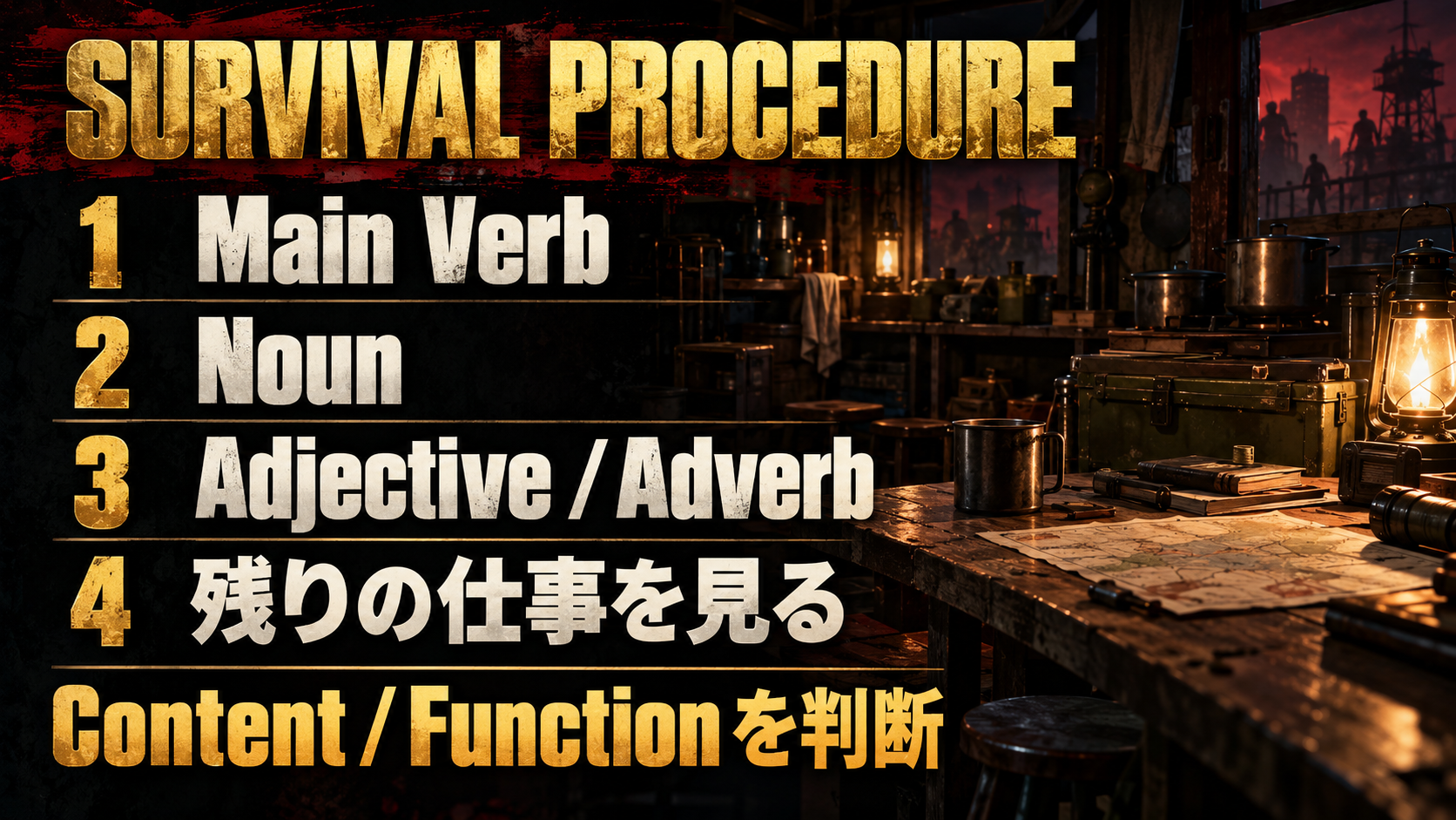 SURVIVAL PROCEDURE / 1  Main Verb / 2  Noun / 3  Adjective / Adverb / 4  残りの仕事を見る / Content / Function を判断