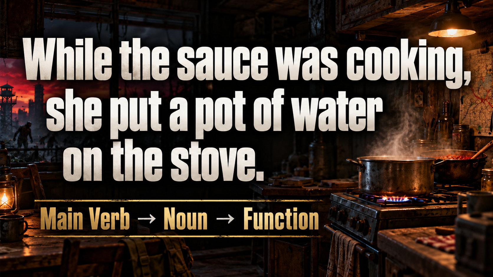 While the sauce was cooking, / she put a pot of water / on the stove. / Main Verb → Noun → Function
