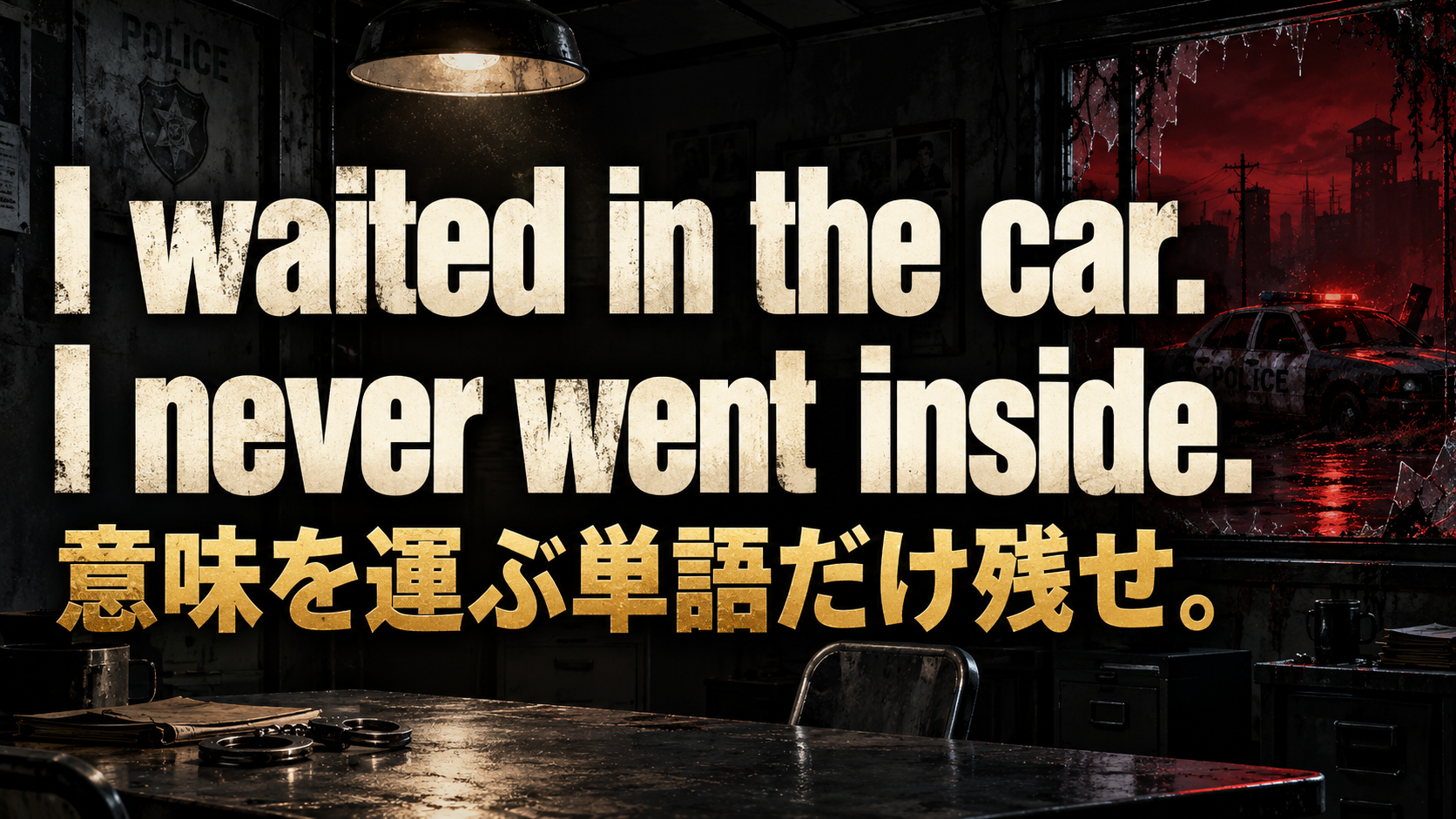 I waited in the car. / I never went inside. / 意味を運ぶ単語だけ残せ。