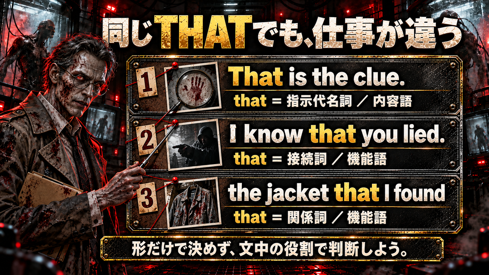 That is the clue. / that = 指示代名詞・内容語 / I know that you lied. / that = 接続詞・機能語 / the jacket that I found / that = 関係詞・機能語 / 形だけで決めず、文中の役割で判断しよう